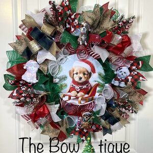 Handmade Christmas Sweater Puppy Holiday Ribbon Door Wreath 22 ins W77